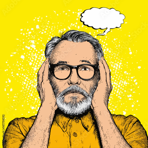 A man with a gray beard and glasses is covering his ears with both hands, conveying a sense of annoyance or frustration. The background is bright yellow, enhancing the emotional impact of the moment.