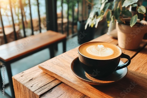 Wooden Table Cafe Latte Art Coffee Cup