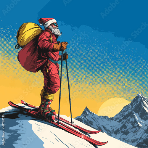 Santa Claus, dressed in festive attire, balances on skis at the peak of a snow-covered mountain. A vibrant sunset casts warm colors over the snowy peaks, enhancing the winter wonderland.