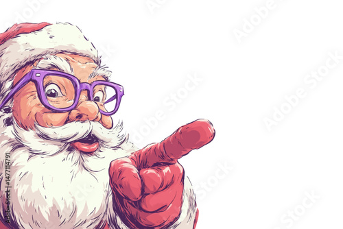 Claus, wearing purple glasses, playfully points with a smile. He exudes joy and is ready to share festive greetings. His iconic outfit and cheerful demeanor add to the celebration atmosphere.