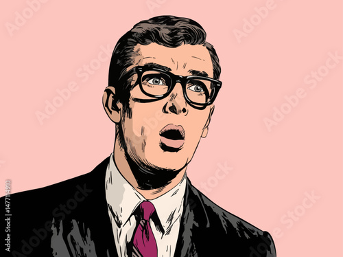A surprised office worker with glasses stands in a well-designed workspace, conveying astonishment. The vibrant vector art captures the essence of modern professional life.
