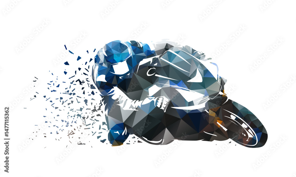 Motorbike racing, isolated low polygonal vector illustration with distortion effect. Motorcycle rider on road motorbike, motorcycle clipart