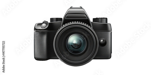 Modern DSLR camera front view with standard zoom lens, professional photography gear isolated on white transparent background