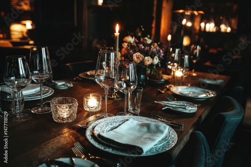Elegant Dinner Table Setting in a Dark Room