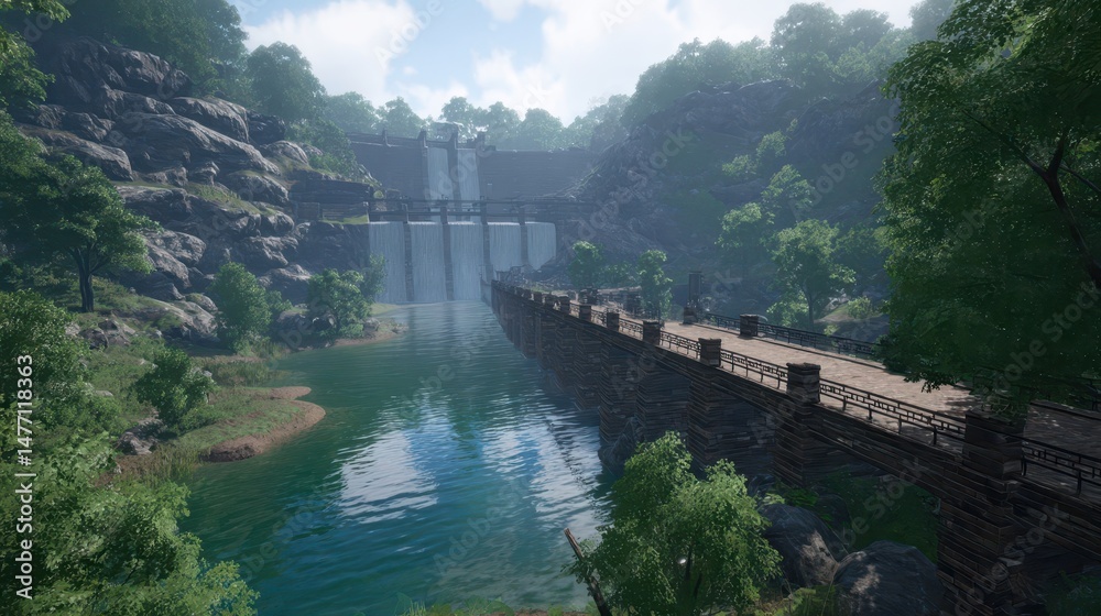 Fototapeta premium Scenic landscape featuring a dam and waterfall.