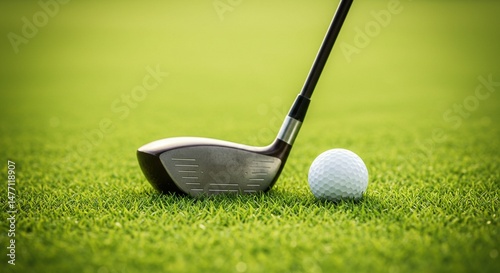 A golf ball on a green tee with a club and hole, ready for a game of leisure sport