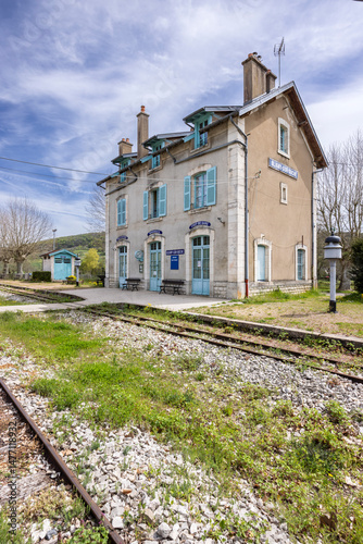 Bligny sur Ouche train station building with blue shutters in Bourgogne Franche Comte, France photo