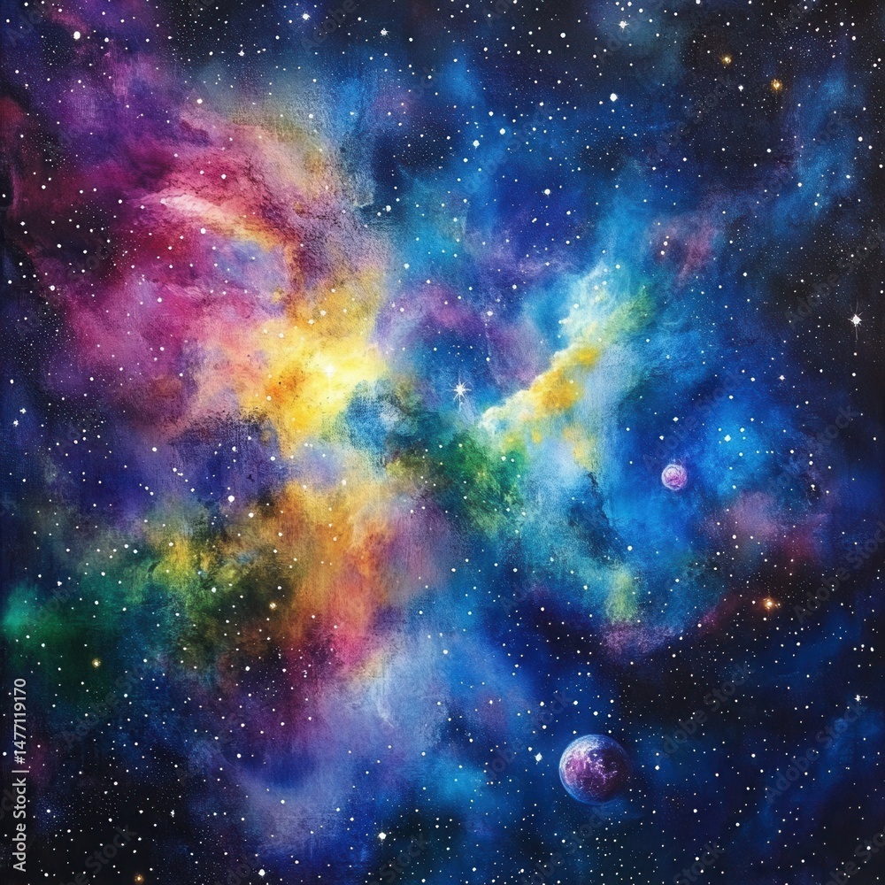 Naklejka premium Cosmic Nebula Painting Captures Colorful Starry Galaxy with Planets and Celestial Clouds in Deep Space Art Style