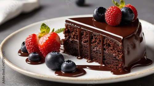 A delicious slice of chocolate cheesecake with fresh berries and a sprig of mint on a white plate