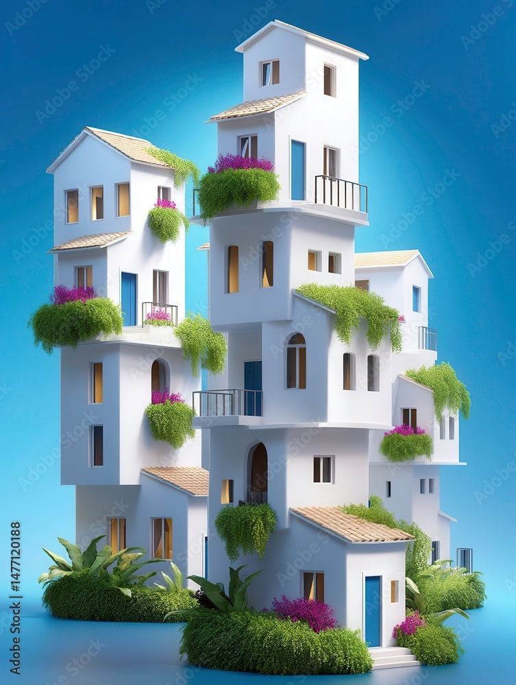 Fototapeta premium Sustainable Architecture: Modern White Houses Stacked with Greenery, Minimalist Design, Property
