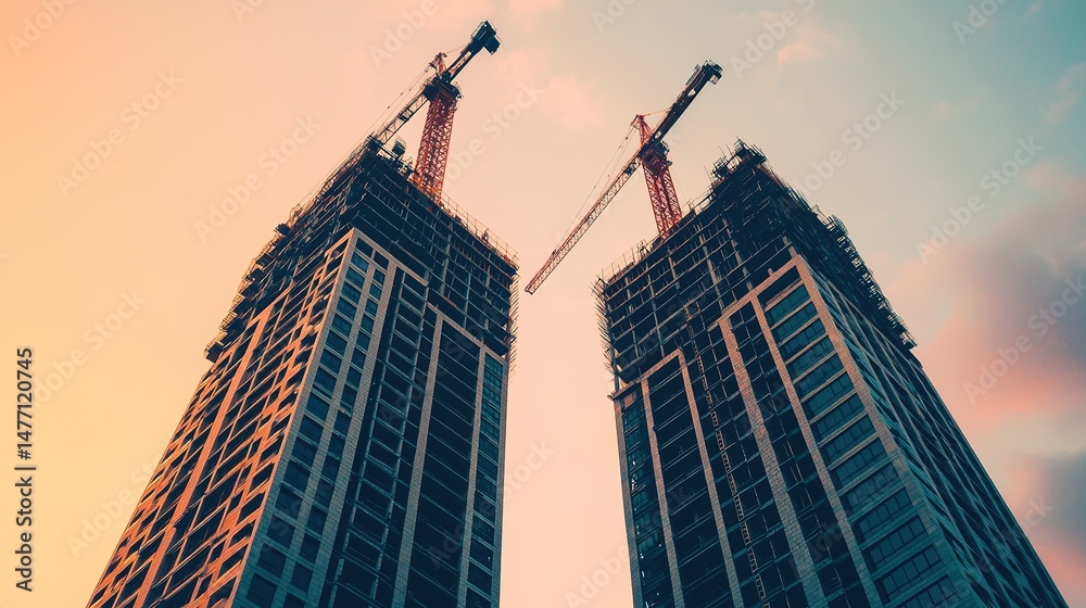Naklejka premium Construction chaos of modern towers urban cityscape gigapixel quality sunset view architectural progress