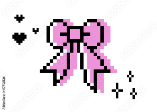 Decorative bow with long tails in pixel art. Y2k inspired pink bow icon. Trendy collage sticker. Mood of 90's. 8 bit retro style isolated vector illustration on white background. Game abstract element