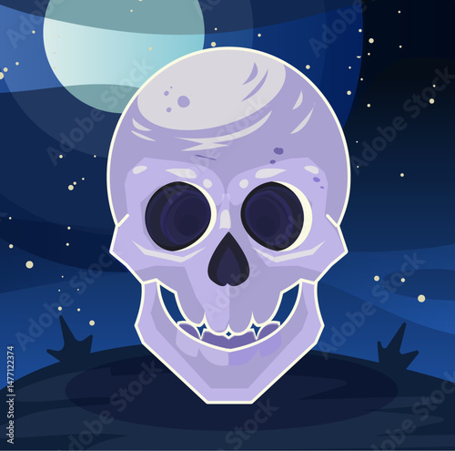 Cartoon vector skull on the background of the night sky. A full moon, a smiling dead man. Illustration for children, colorful flat art.
