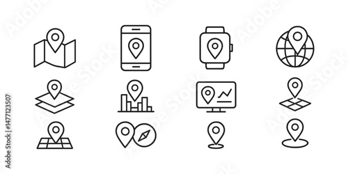 Map and location pin icons for mobile and smart devices