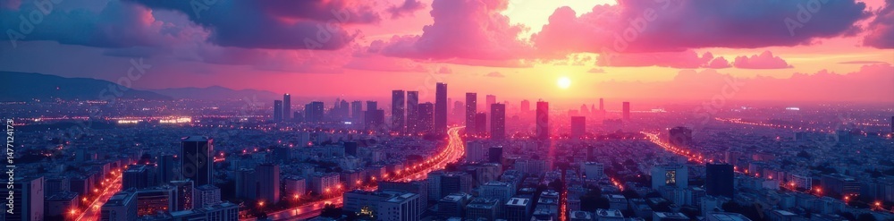 Obraz premium Modern art gallery, panoramic city view, blank banners, empty, horizon, minimal