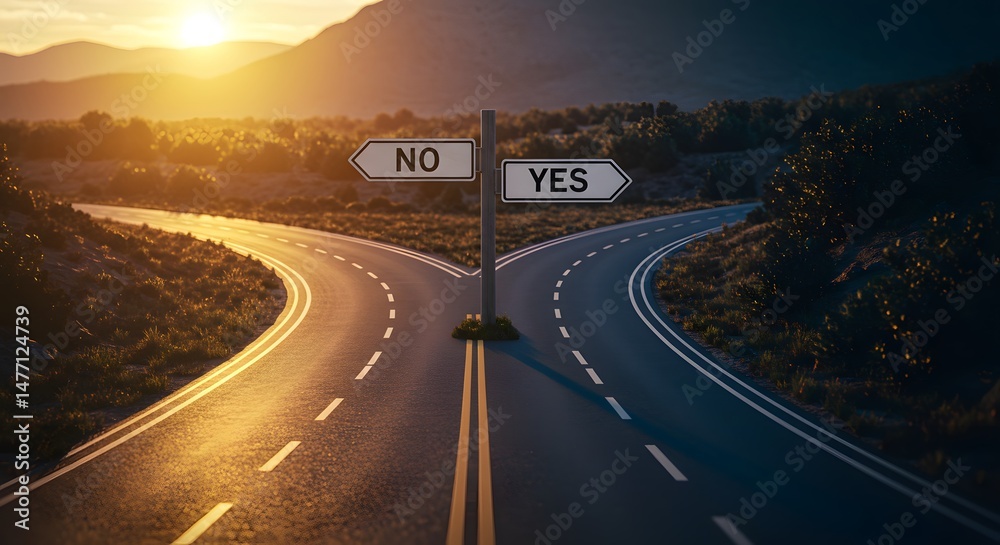Fototapeta premium Choosing a Path at Road Fork with Yes and No Sign