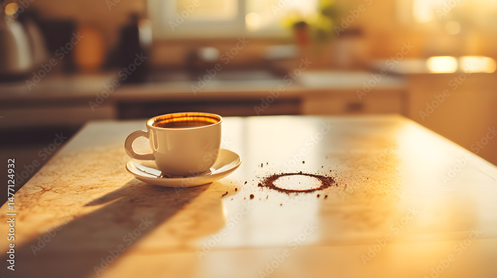 Fototapeta premium Coffee Break Sunbeams: A cup of espresso, steaming and ready to be enjoyed, sits on a kitchen counter bathed in the warmth of the setting sun. The sunbeams illuminate the counter.