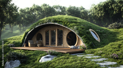 Cozy eco-friendly home nestled in lush greenery, showcasing natural architecture in a serene landscape