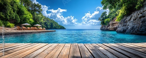 Wooden dock, tranquil cove, summer vacation