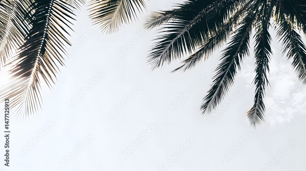 Naklejka premium Tropical Palm Leaves against Bright Sky Summer Vacation Background