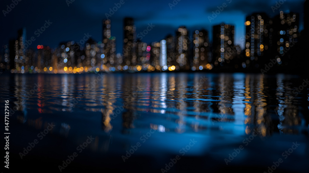 Fototapeta premium Urban skyline with towering skyscrapers lit up at night, reflecting the city’s vibrant energy.