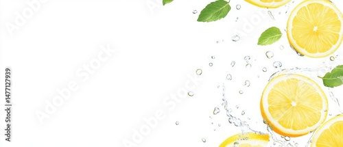 Fresh Lemon Slices and Mint Leaves with Splashing Water on White Background Studio Shot Refreshment Concept