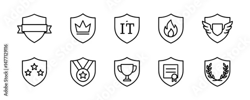 Decorative shield icons with stars, fire and award themes