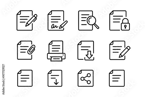 Document icons with signature, magnifier, lock and sharing symbols