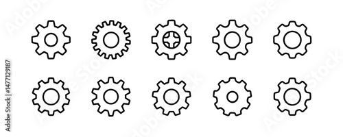 Flat gear and cogwheel icons in linear outline style