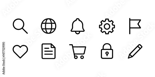 Simple interface icons including globe, gear, heart, flag, lock