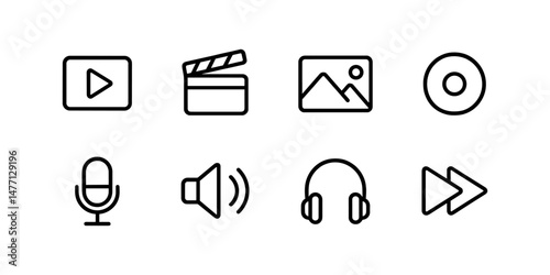 Multimedia icons: video, audio, image, music and playback