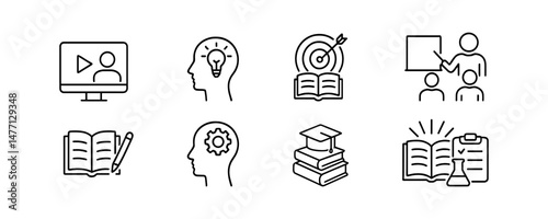Education innovation icons: book, idea, gear, presentation