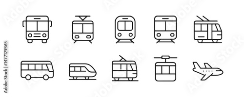 Urban transit icons including subway, tram, bus and airplane