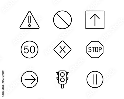 Traffic sign icons including speed limit, stop, turn and alert