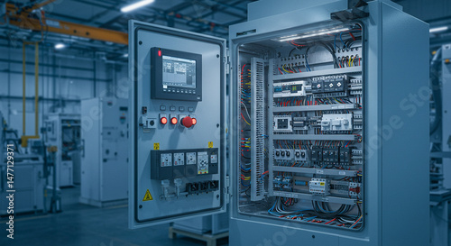 Electrical control panel with industrial automation system in a modern factory