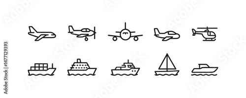 Ship and airplane icons in outline vector style