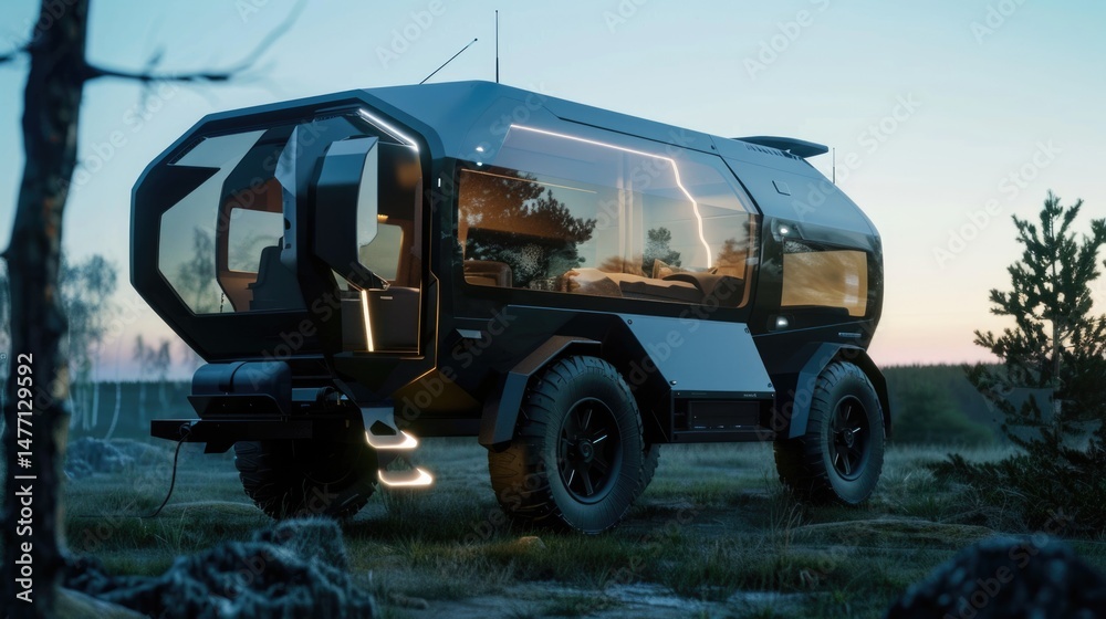 Obraz premium Futuristic electric camper vehicle, modular mobile home concept with panoramic windows parked in wilderness