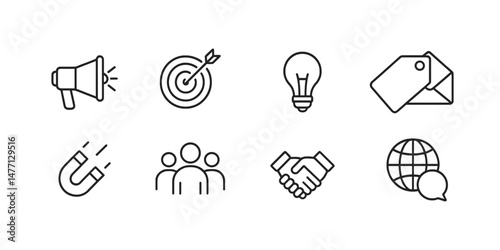 Marketing icons: target, lightbulb, envelope and magnet