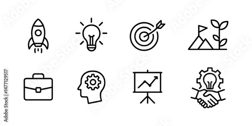 Startup and business idea icons with rocket and chart