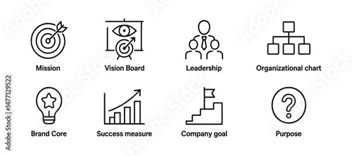 Leadership and mission icons with goal, purpose and structure
