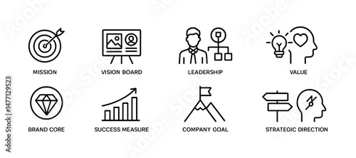 Business goal icons: mission, leadership, core value, purpose