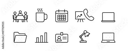 Office tools and staff icons: phone, badge, laptop and folder