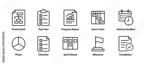 Project planning icons: gantt chart, task, checklist and milestone