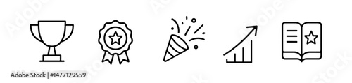 Celebration and reward icons: trophy, badge, confetti and growth