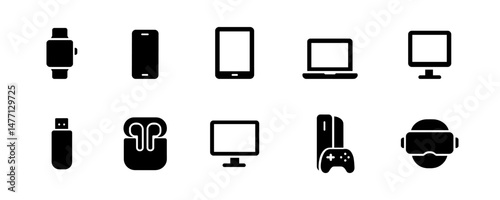 Glyph icons of electronic devices: tablet, headset, USB