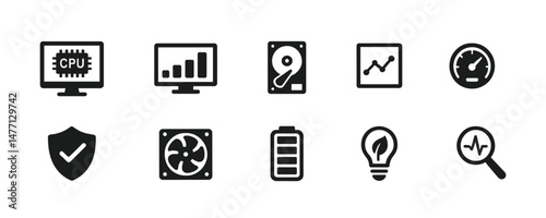 Performance analysis icons with chart, CPU and fan