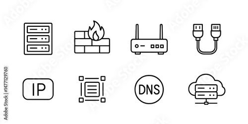 Internet network icons: firewall, router and DNS