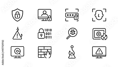 Outlined icons: cybersecurity, data breach and threat alert