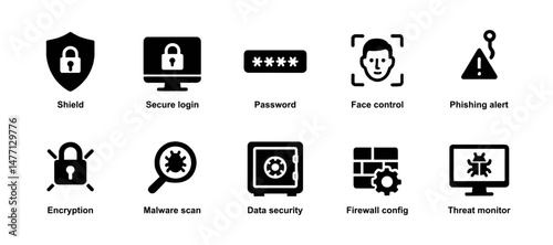Glyph security icons: firewall, malware and phishing alert