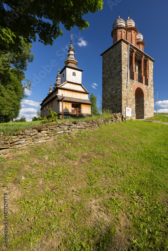 Greek catholic church of the Protection of the Mother of God in Owczary, Poland, facing blue sky